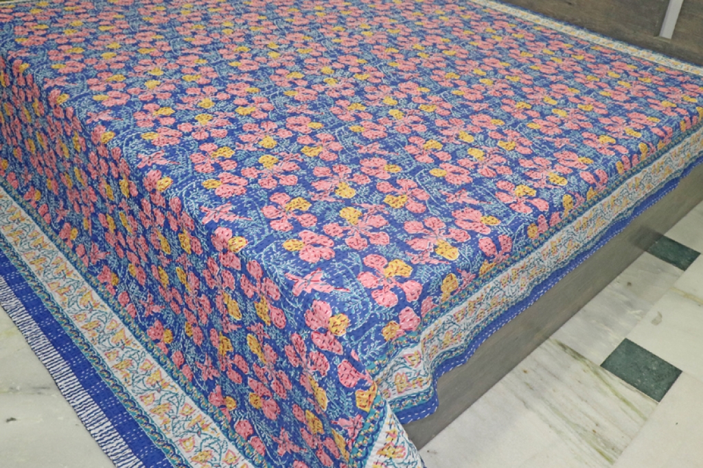 COTTON HAND BLOCK FULL PENAL KANTHA BED COVER FOR ALL-SEASON