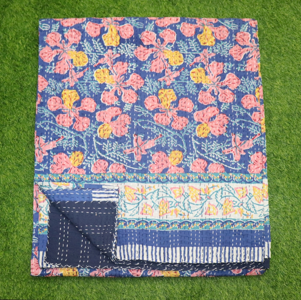 COTTON HAND BLOCK FULL PENAL KANTHA BED COVER FOR ALL-SEASON