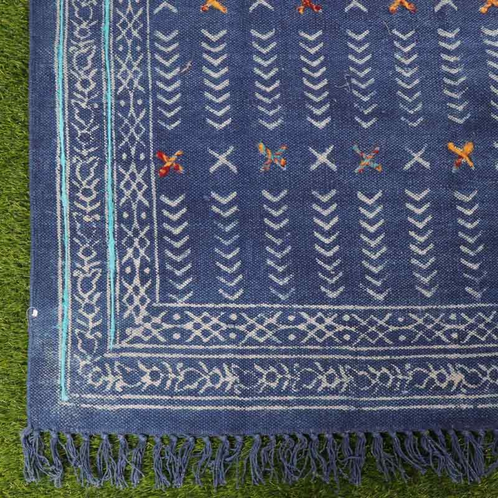 COTTON INDIGO ALL OVER PRINT RUGS WITH EMBROIDERY