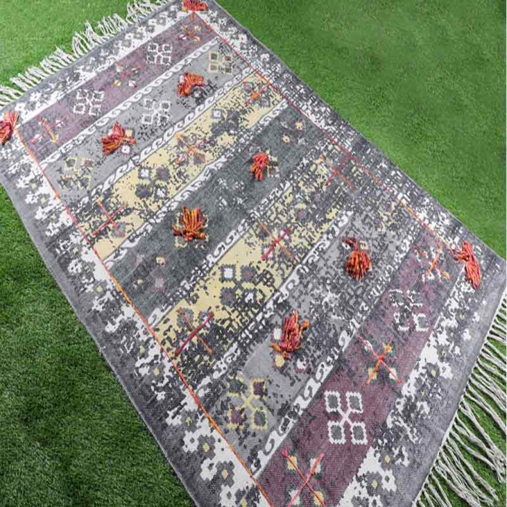 COTTON SCREEN ALL OVER PRINT RUGS WITH EMBROIDERY