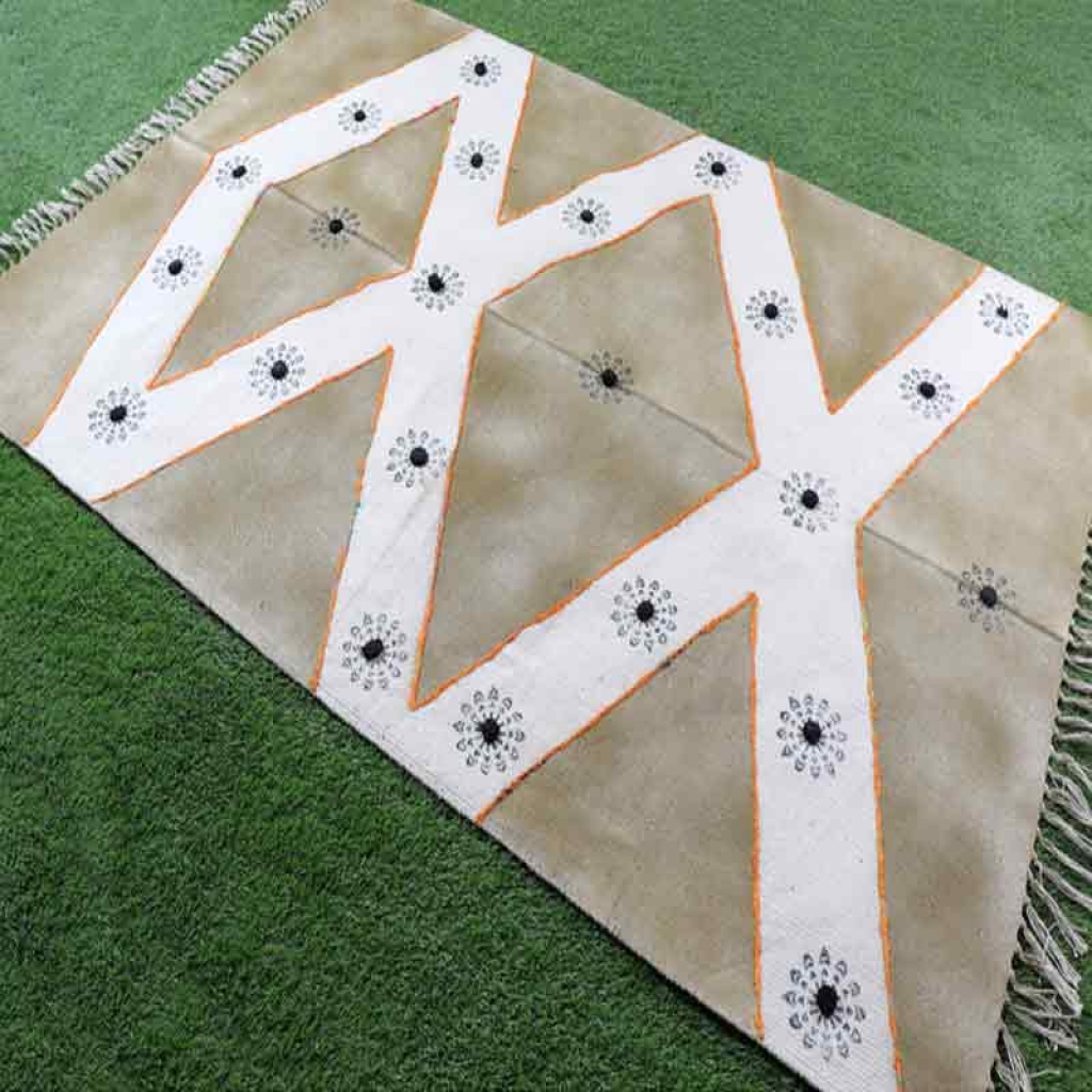 COTTON HAND BLOCK ALL OVER PRINT RUGS WITH EMBROIDERY