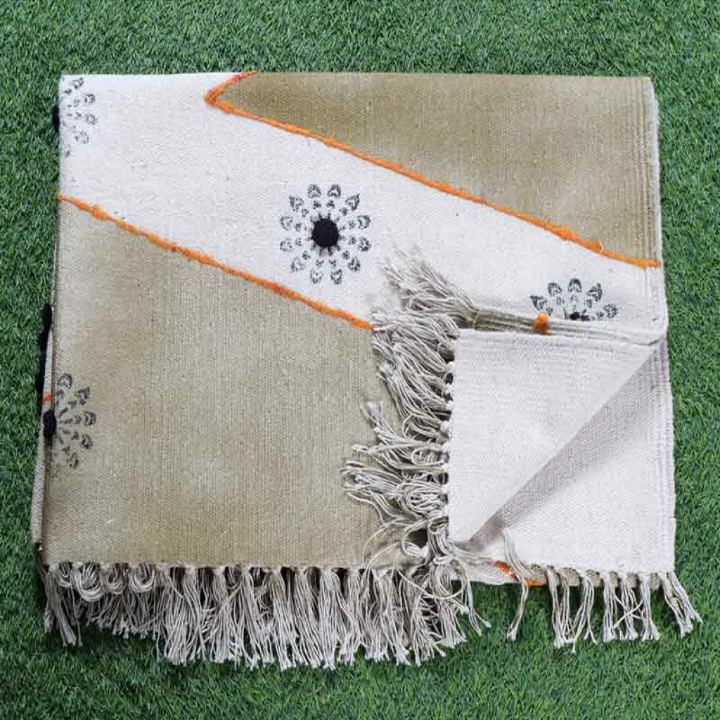 COTTON HAND BLOCK ALL OVER PRINT RUGS WITH EMBROIDERY
