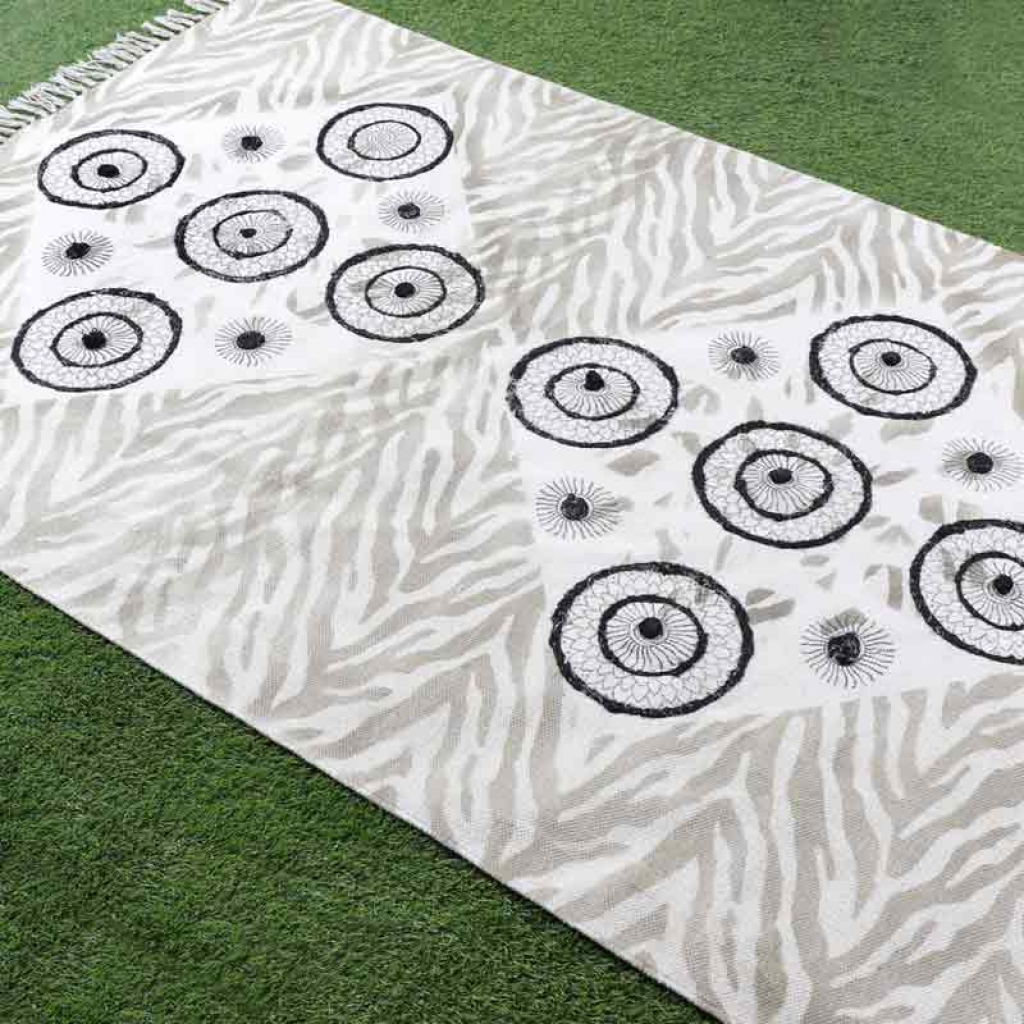 COTTON HAND BLOCK ALL OVER PRINT RUGS WITH EMBROIDERY