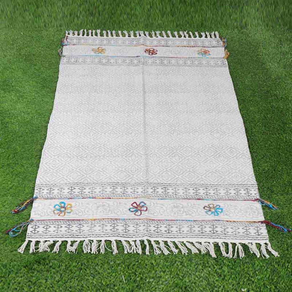 COTTON HAND BLOCK ALL OVER PRINT RUGS WITH EMBROIDERY