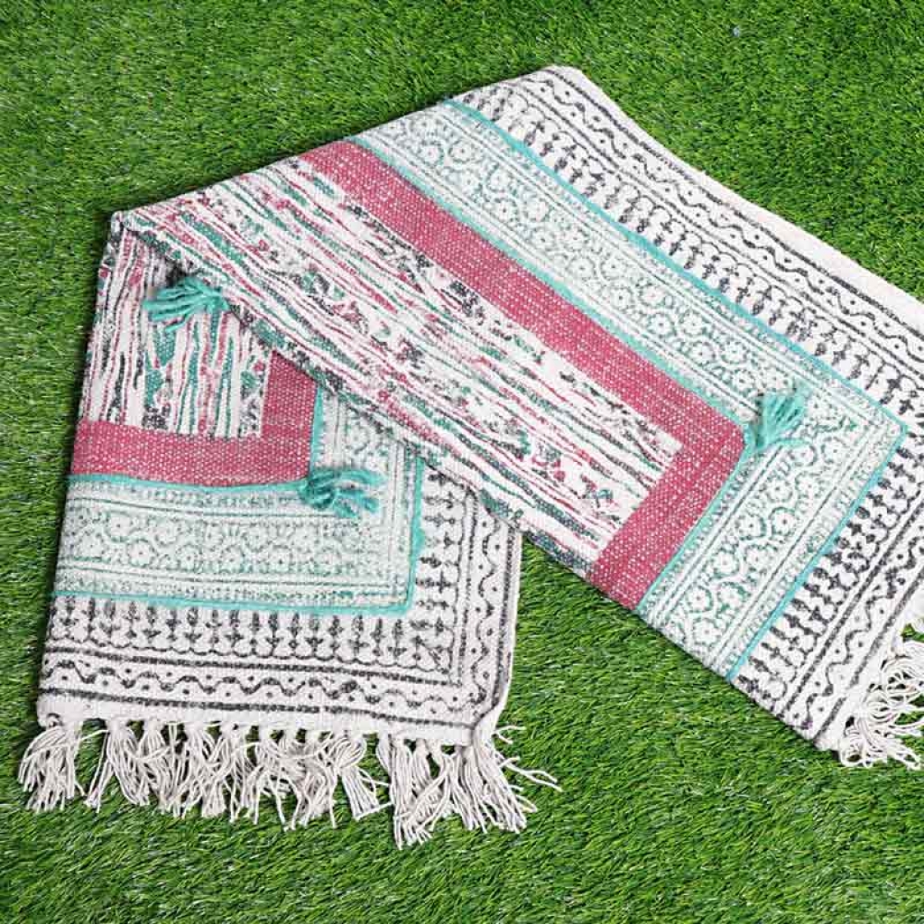 COTTON HAND BLOCK ALL OVER PRINT RUGS WITH EMBROIDERY