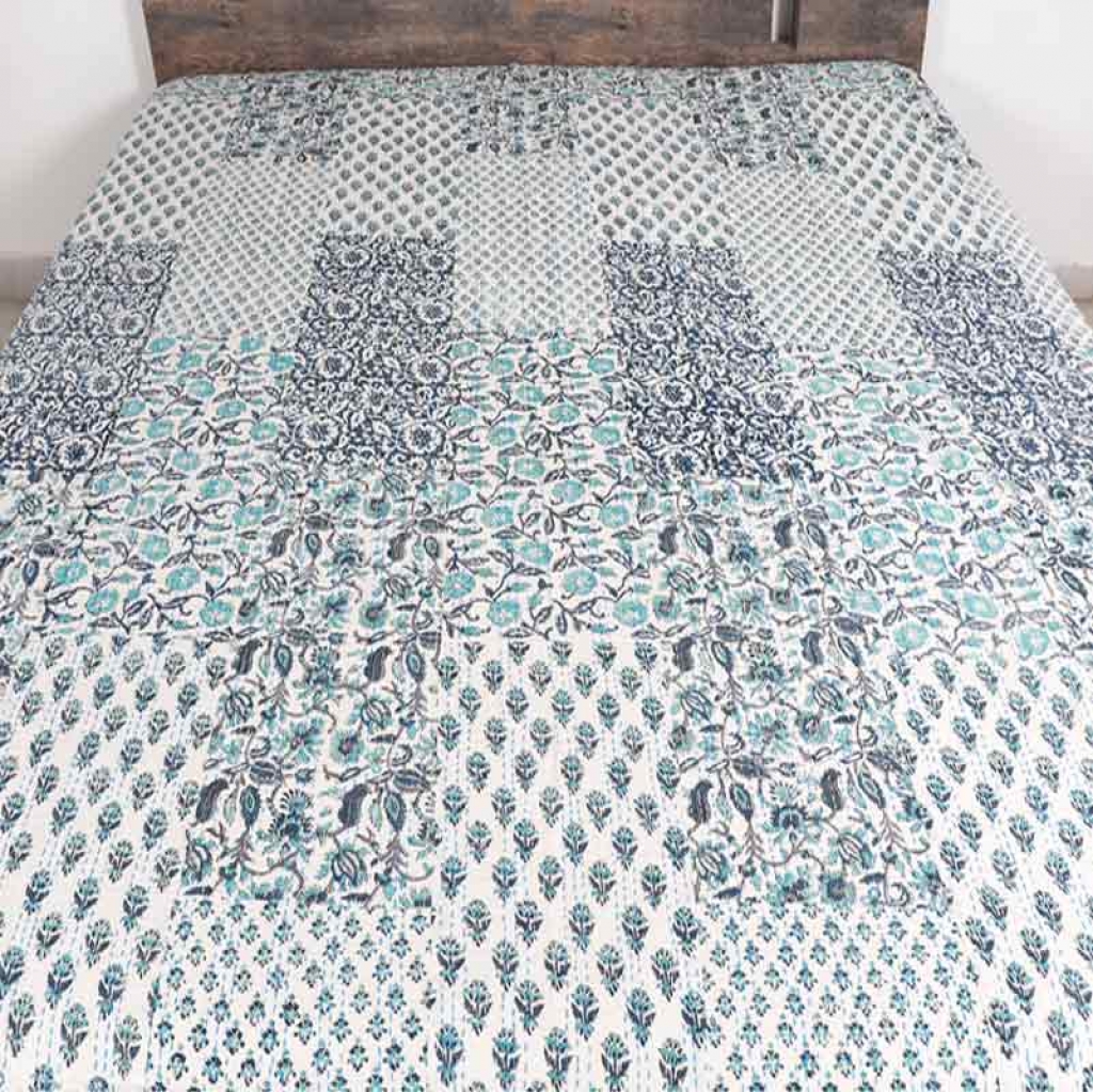 COTTON HAND BLOCK PATCH WORK PRINT KANTHA BED COVER FOR ALL SEASON