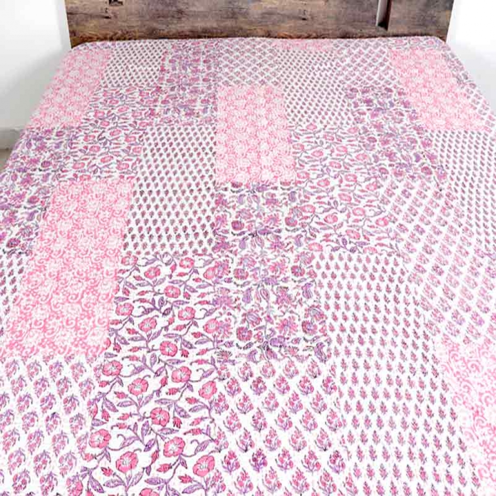 COTTON HAND BLOCK PATCH WORK PRINT KANTHA BED COVER FOR ALL SEASON