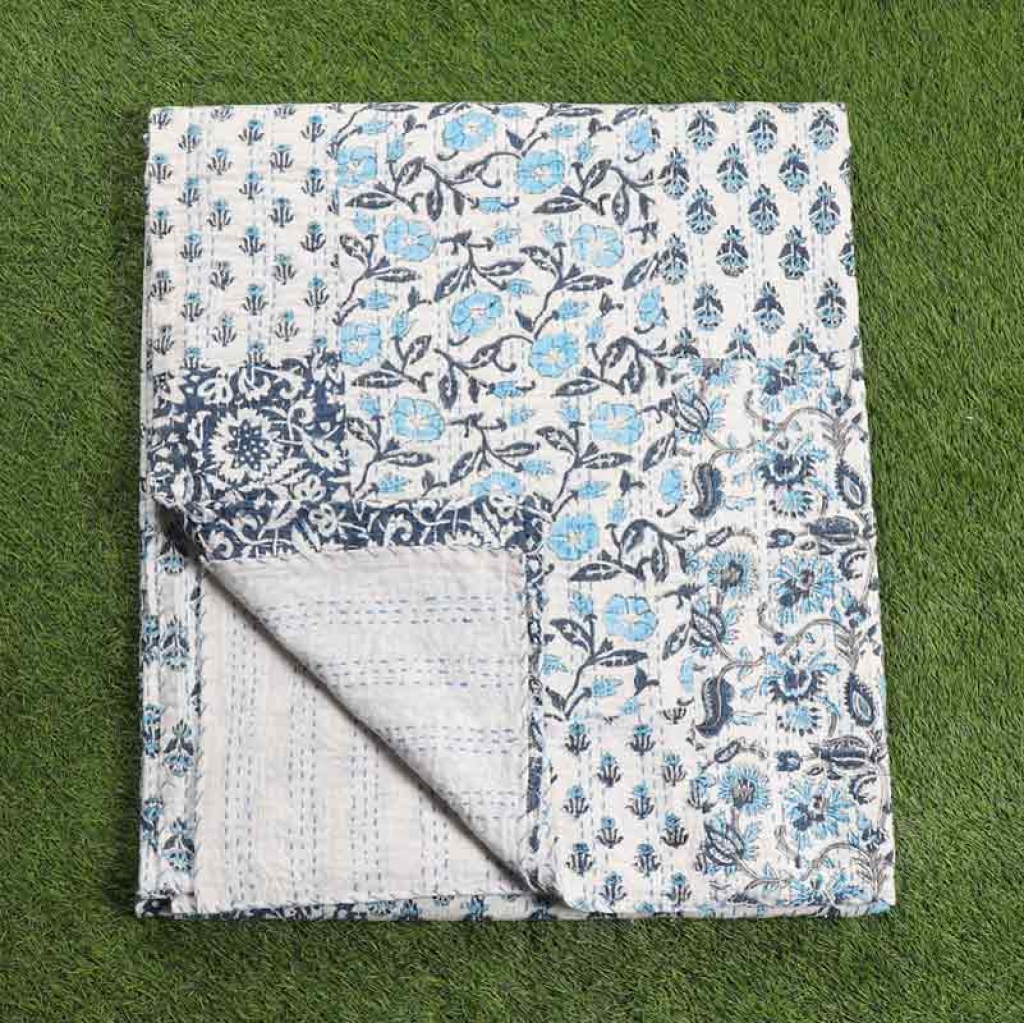 COTTON HAND BLOCK PATCH WORK PRINT KANTHA BED COVER FOR ALL SEASON