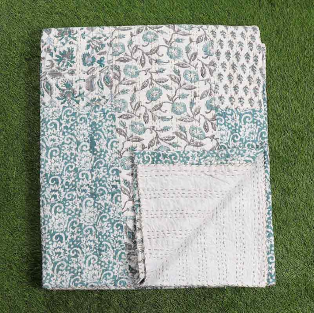 COTTON HAND BLOCK PATCH WORK PRINT KANTHA BED COVER FOR ALL SEASON