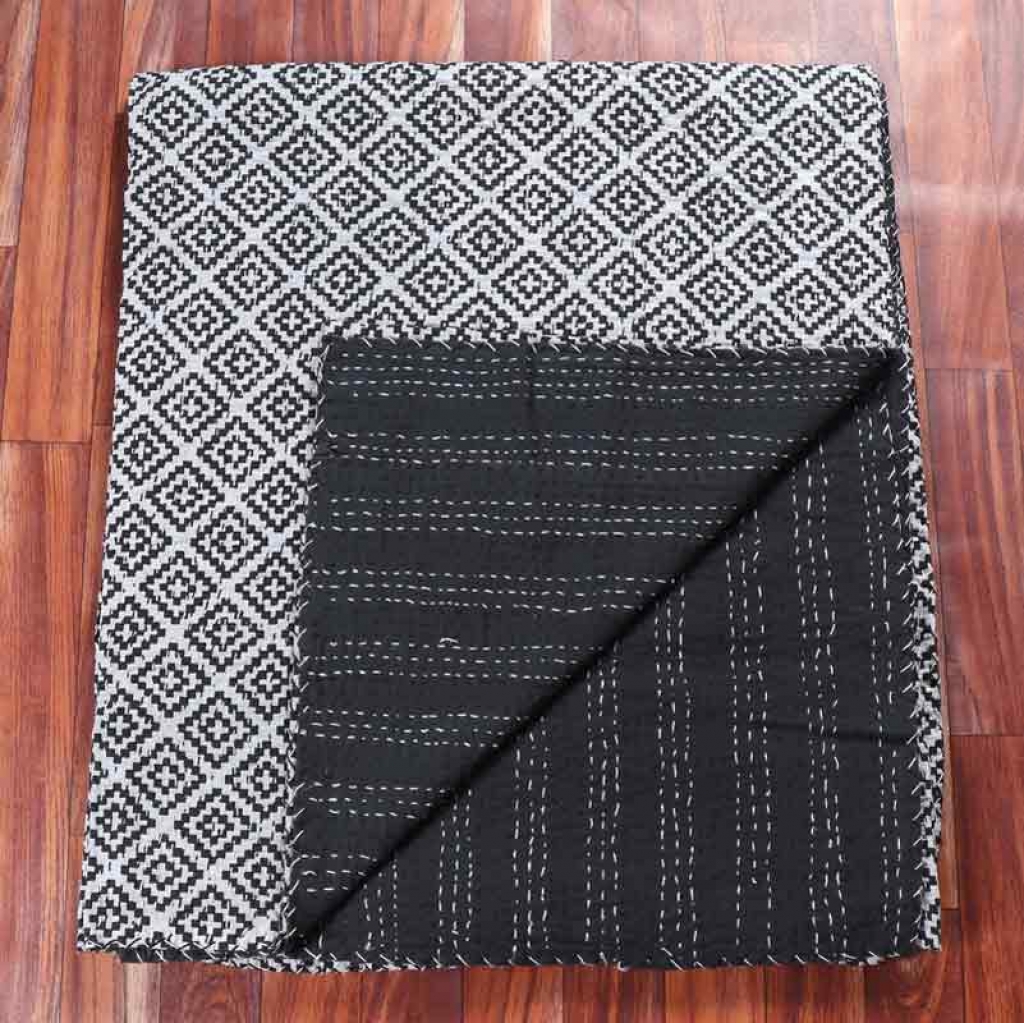 COTTON HAND BLOCK ALL OVER PRINT KANTHA BED COVER FOR ALL-SEASON