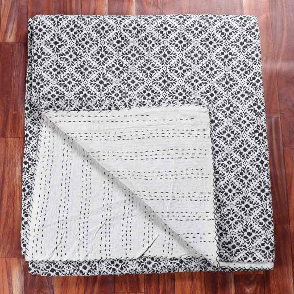 COTTON HAND BLOCK ALL OVER PRINT KANTHA BED COVER FOR ALL-SEASON