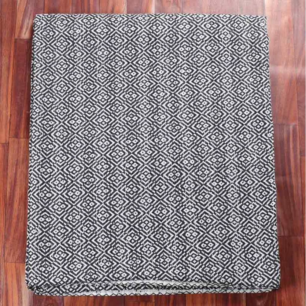 COTTON HAND BLOCK ALL OVER PRINT KANTHA BED COVER FOR ALL-SEASON