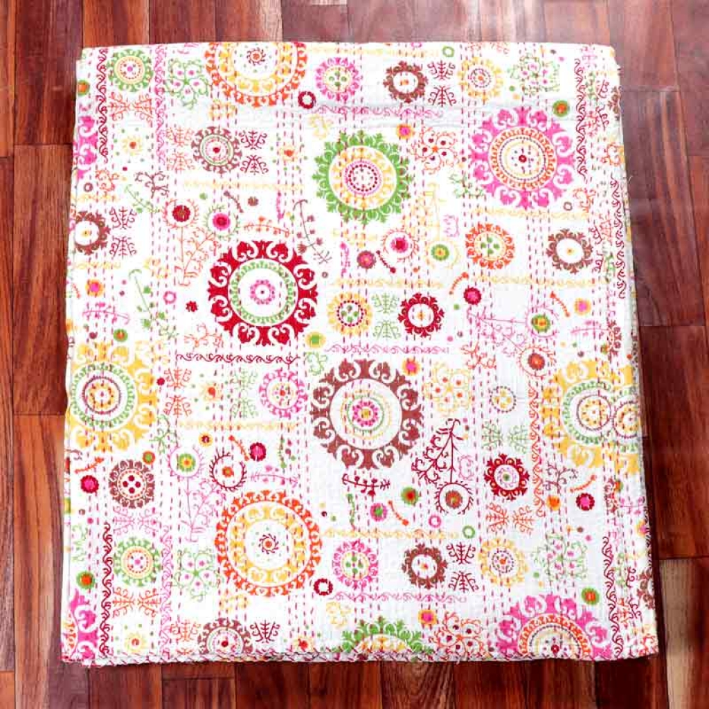 COTTON DISCHARGE PRINT KANTHA BED COVER FOR ALL-SEASON