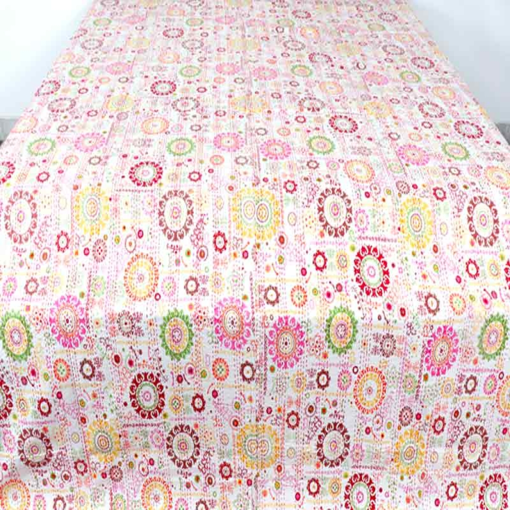 COTTON DISCHARGE PRINT KANTHA BED COVER FOR ALL-SEASON