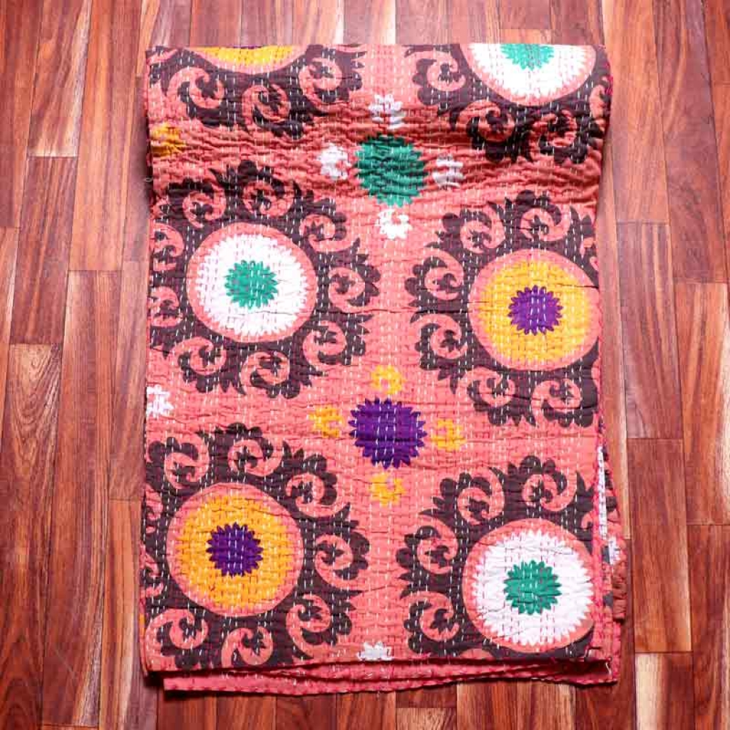 COTTON DISCHARGE PRINT KANTHA BED COVER FOR ALL-SEASON