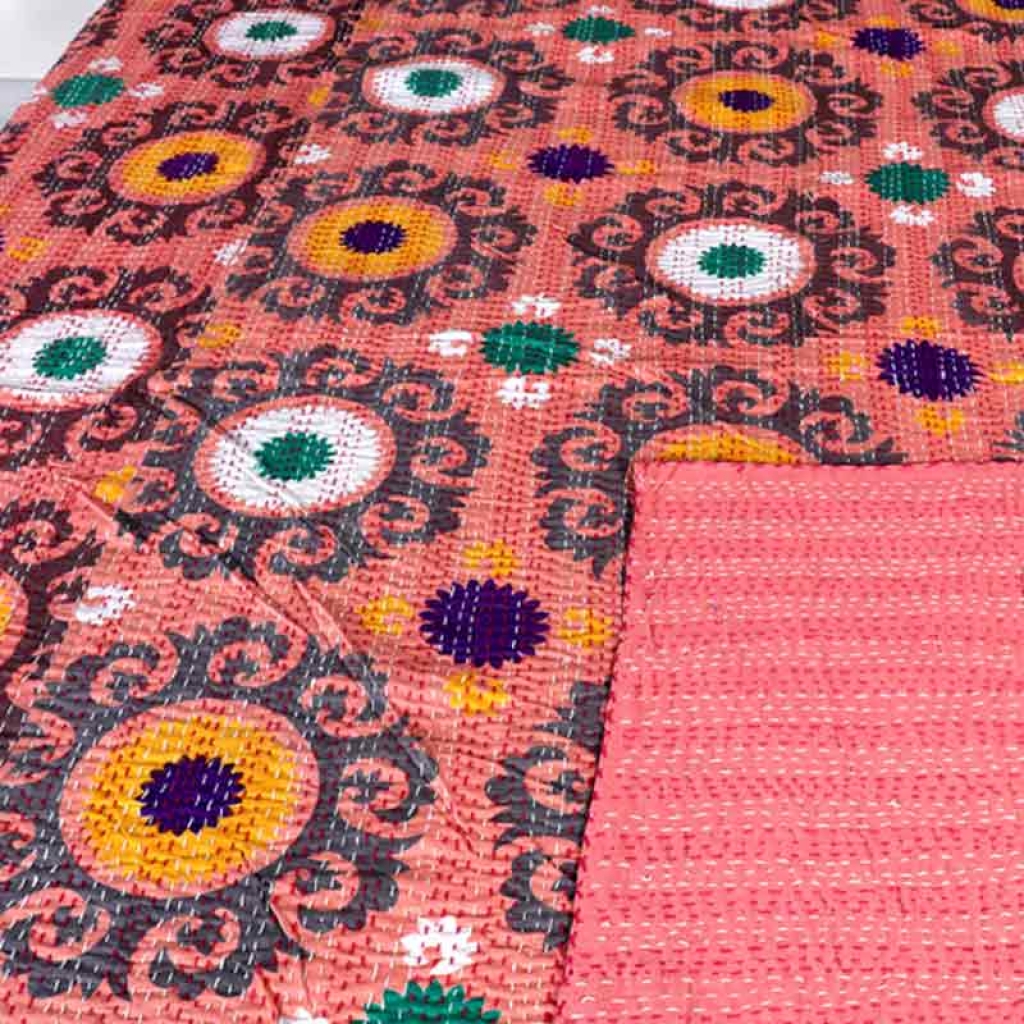COTTON DISCHARGE PRINT KANTHA BED COVER FOR ALL-SEASON