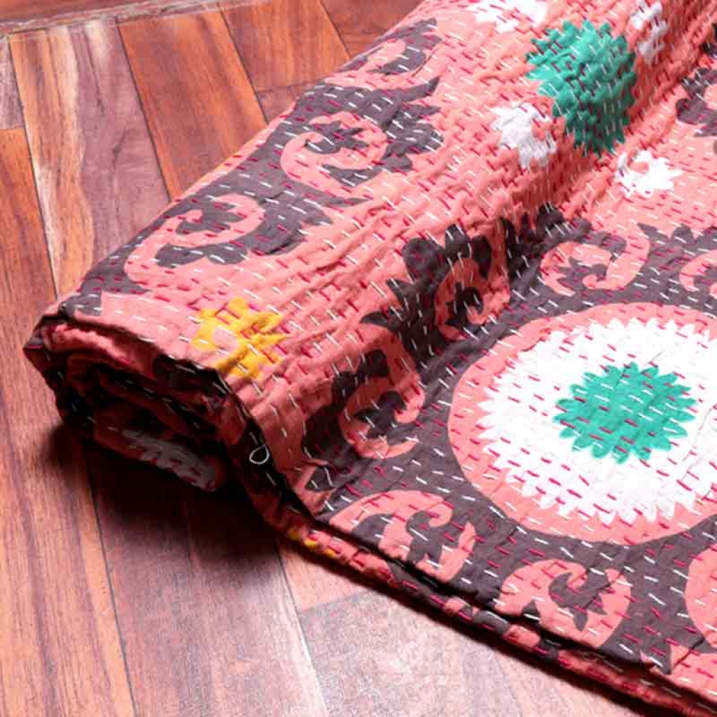 COTTON DISCHARGE PRINT KANTHA BED COVER FOR ALL-SEASON