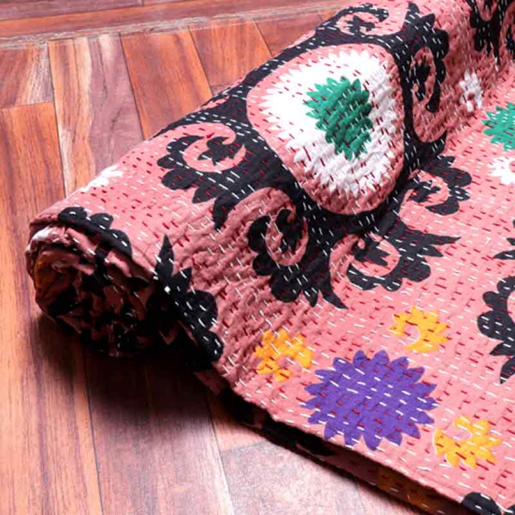 COTTON DISCHARGE PRINT KANTHA BED COVER FOR ALL-SEASON