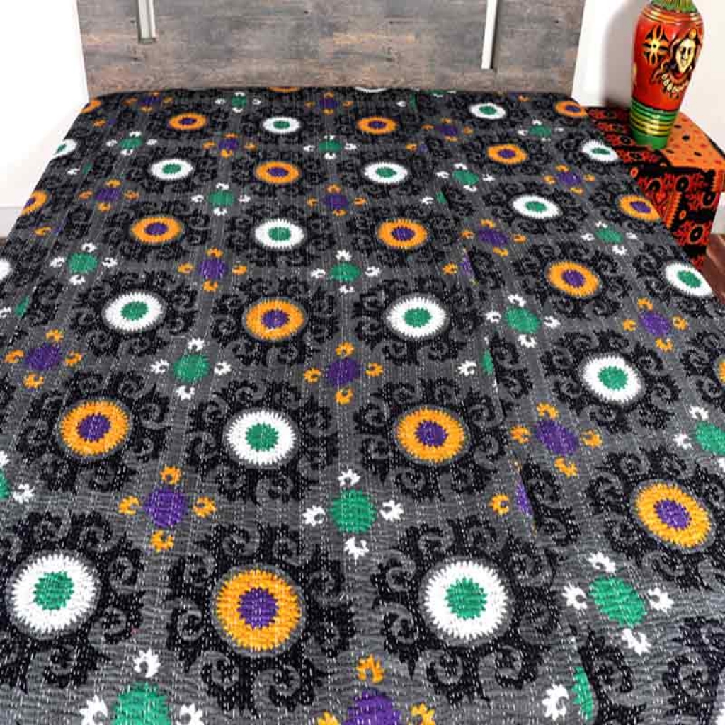 COTTON DISCHARGE PRINT KANTHA BED COVER FOR ALL-SEASON