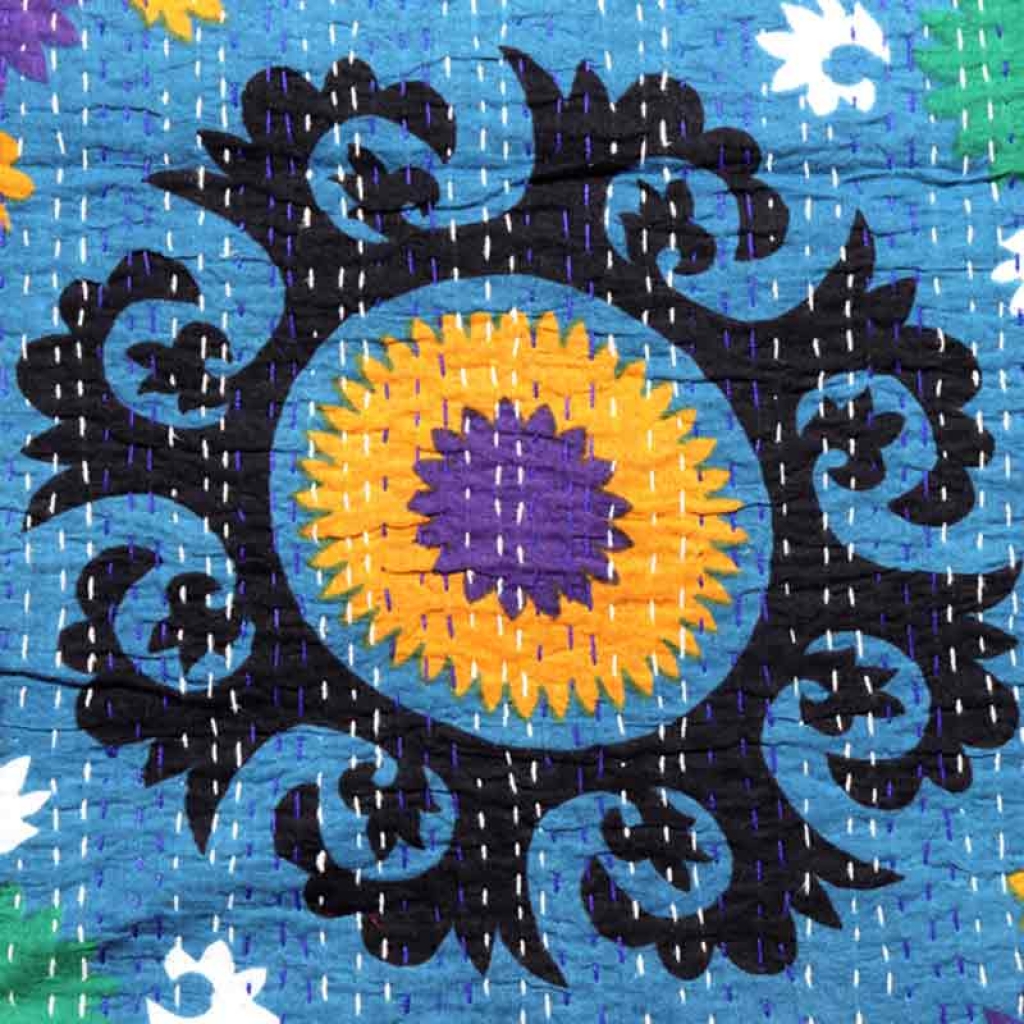 COTTON DISCHARGE PRINT KANTHA BED COVER FOR ALL-SEASON