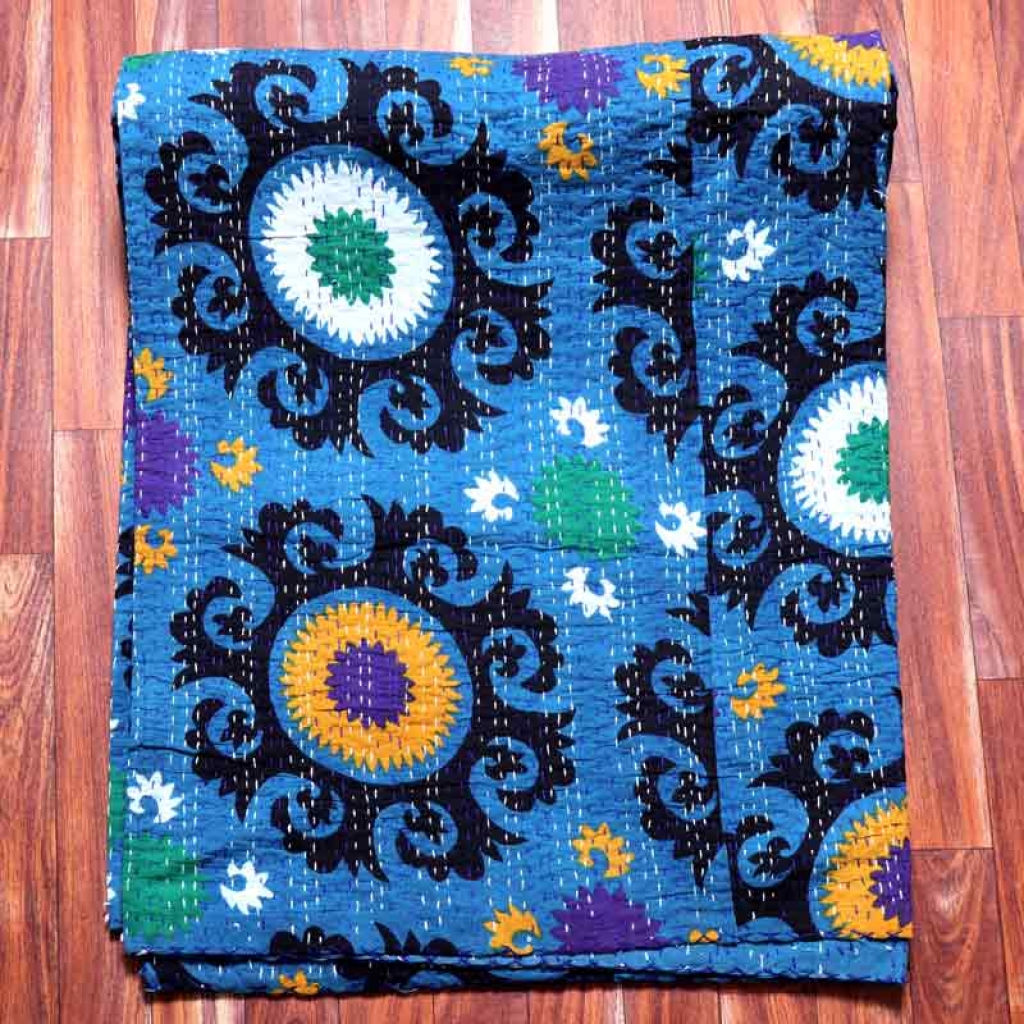 COTTON DISCHARGE PRINT KANTHA BED COVER FOR ALL-SEASON