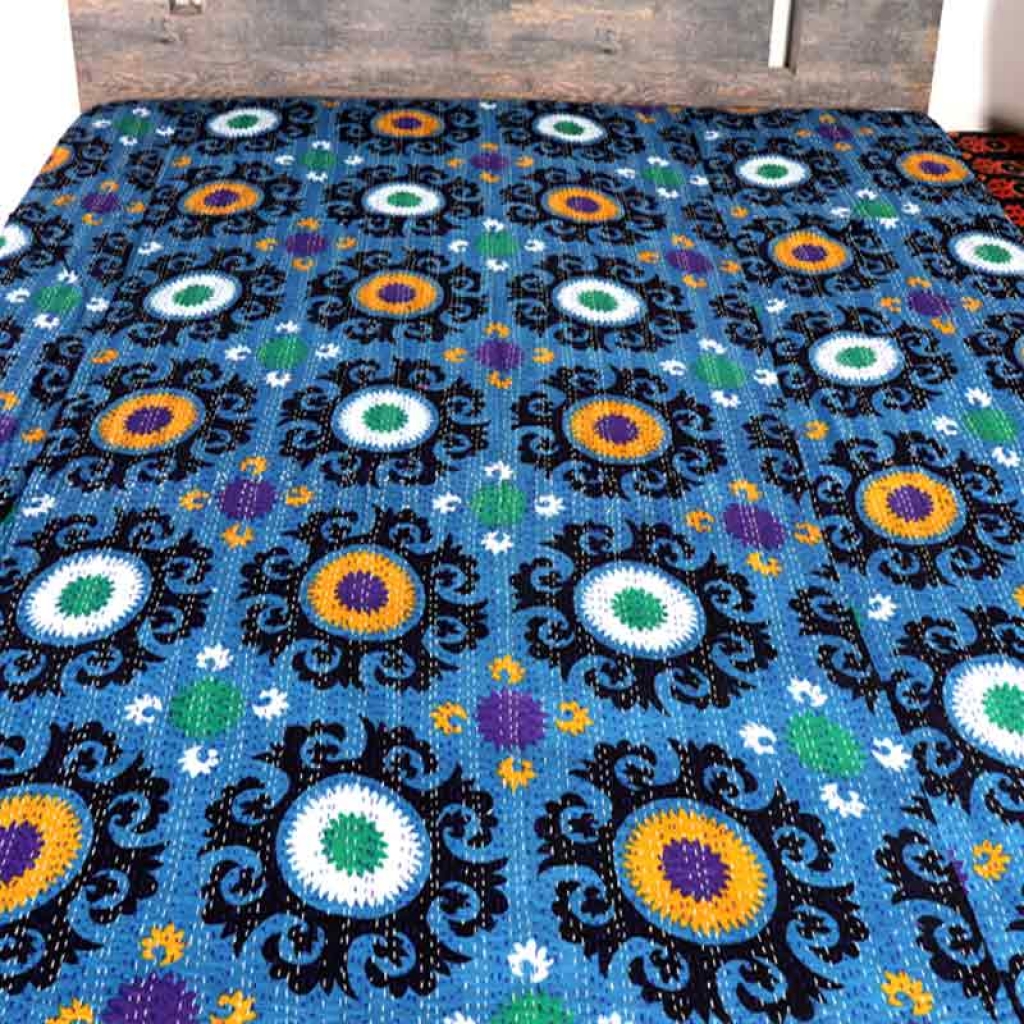 COTTON DISCHARGE PRINT KANTHA BED COVER FOR ALL-SEASON
