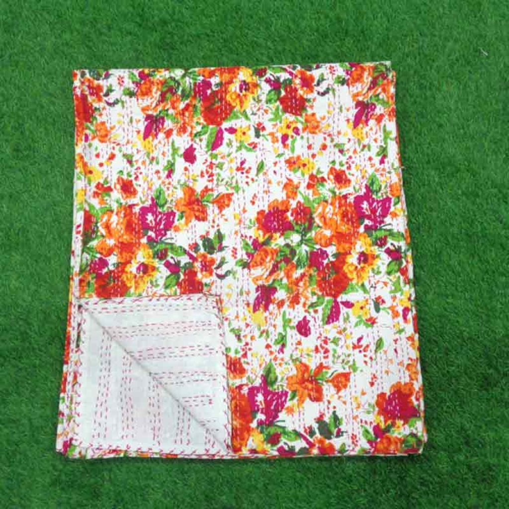 COTTON SCREEN PRINT ALL OVER FLORAL DESIGN KANTHA BED COVER FOR ALL-SEASON