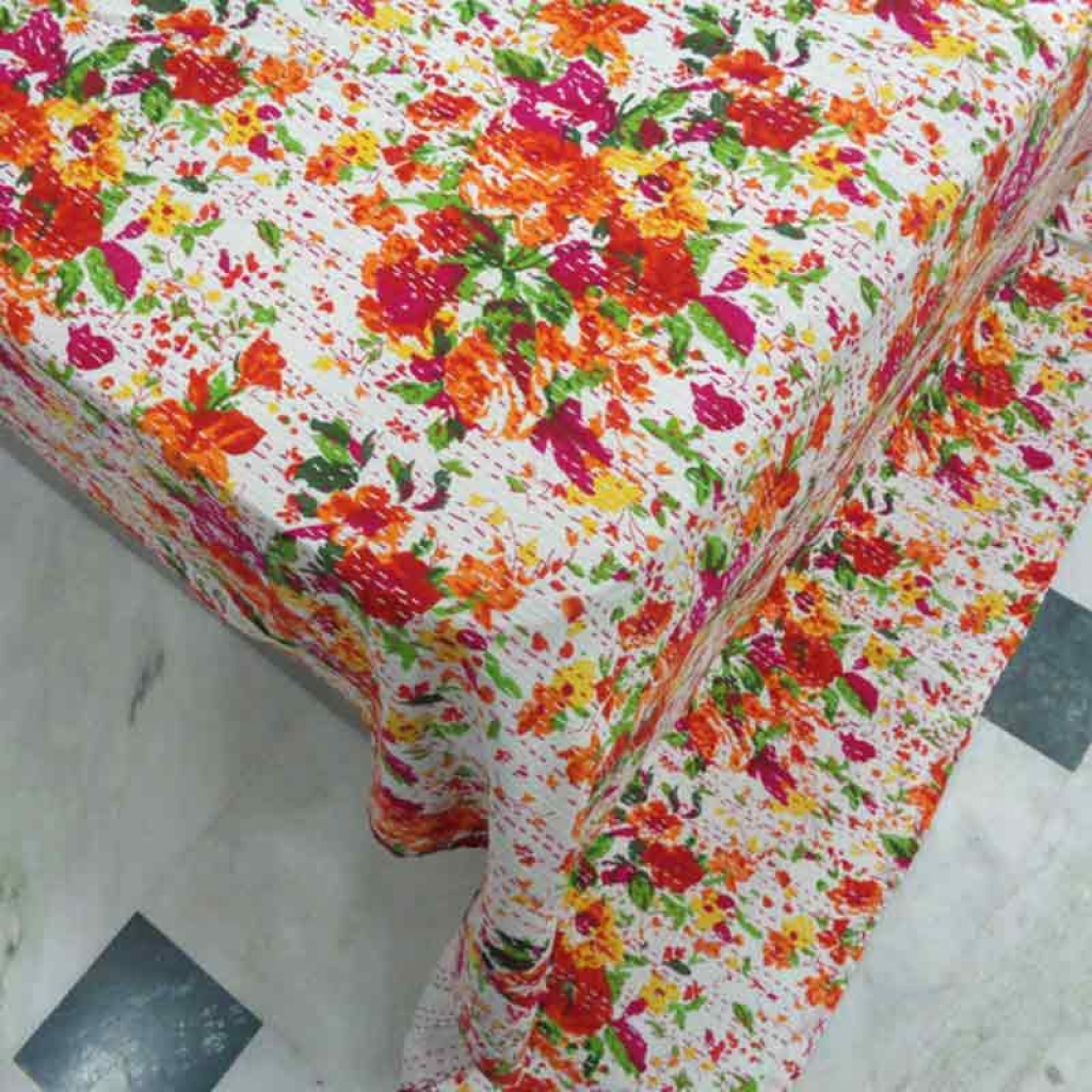 COTTON SCREEN PRINT ALL OVER FLORAL DESIGN KANTHA BED COVER FOR ALL-SEASON