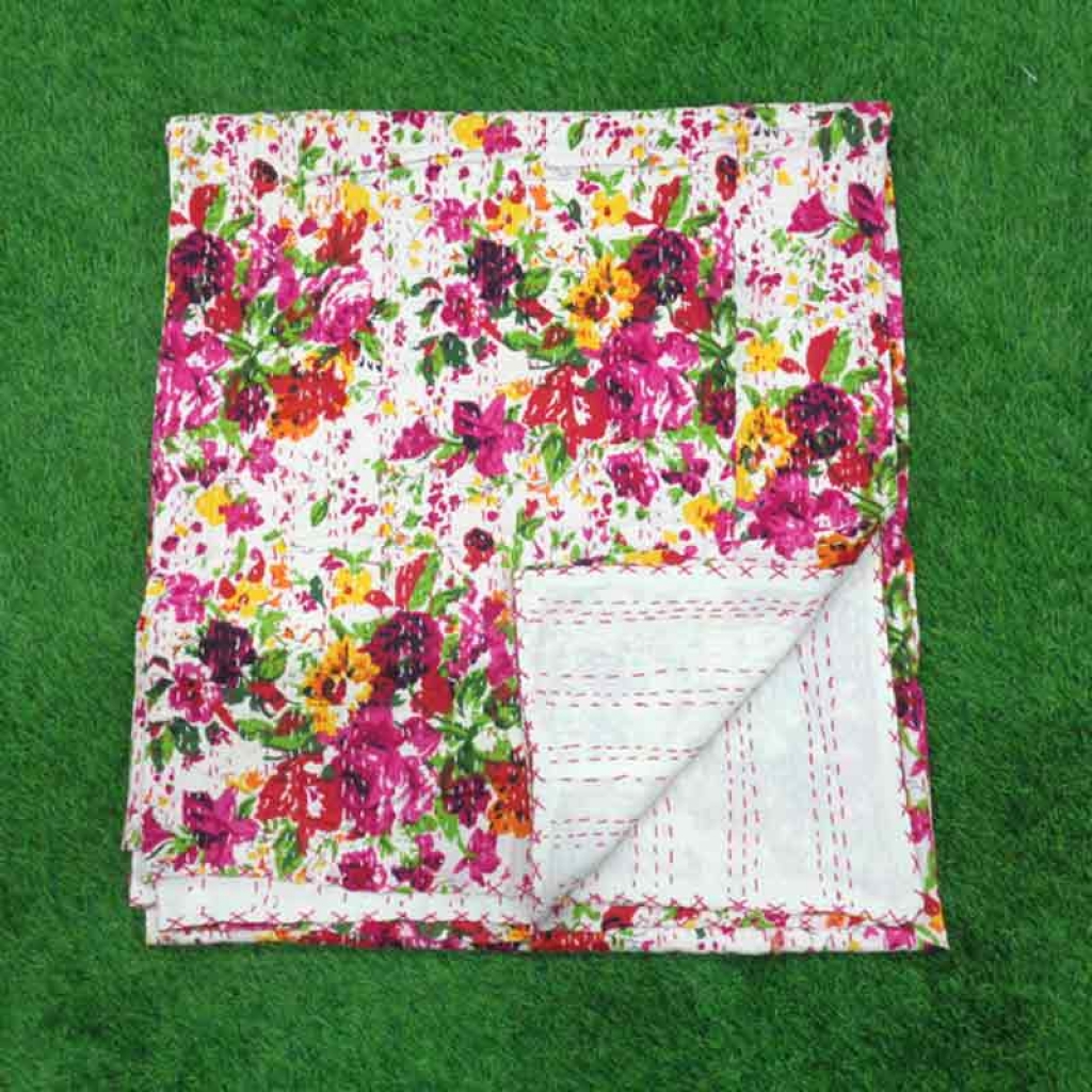 COTTON SCREEN PRINT ALL OVER FLORAL DESIGN KANTHA BED COVER FOR ALL-SEASON