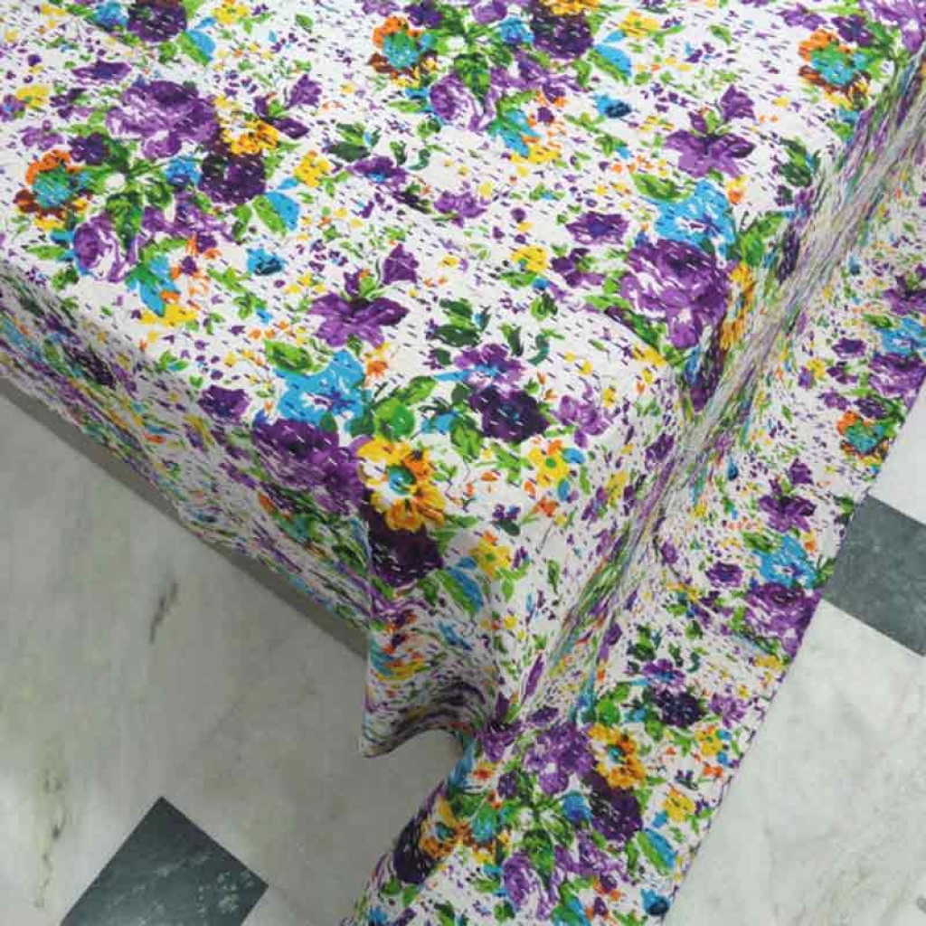 COTTON SCREEN PRINT ALL OVER FLORAL DESIGN KANTHA BED COVER FOR ALL-SEASON