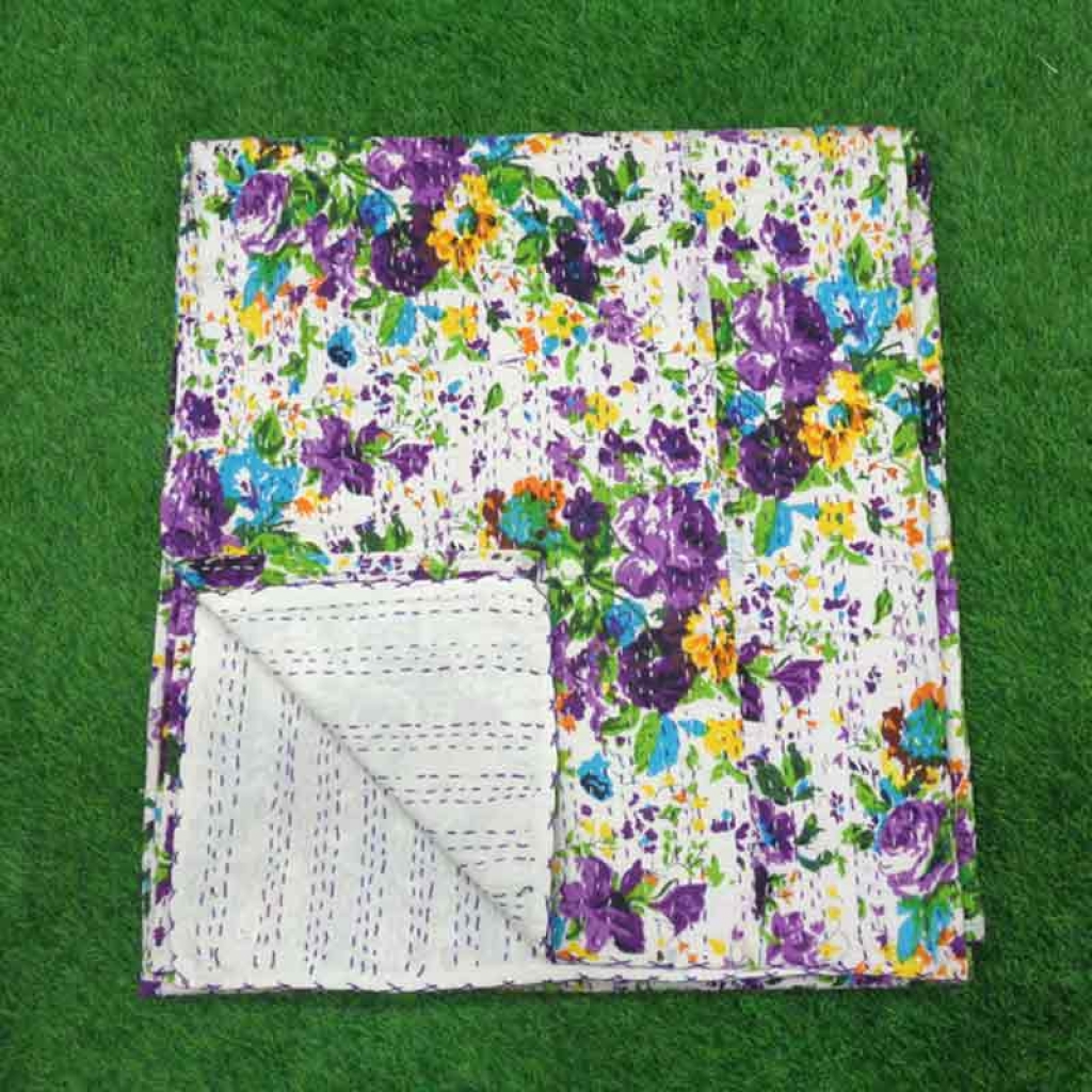COTTON SCREEN PRINT ALL OVER FLORAL DESIGN KANTHA BED COVER FOR ALL-SEASON