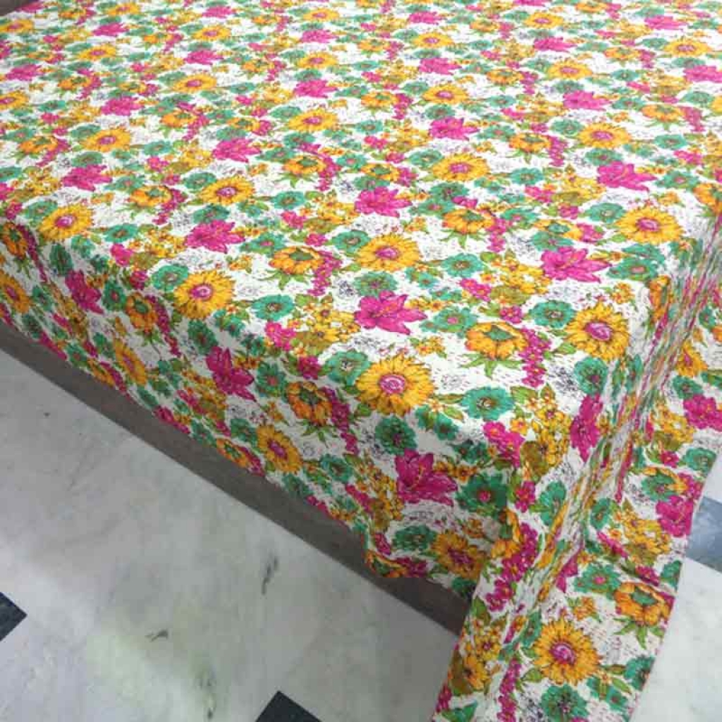 COTTON SCREEN PRINT ALL OVER FLORAL DESIGN KANTHA BED COVER FOR ALL-SEASON