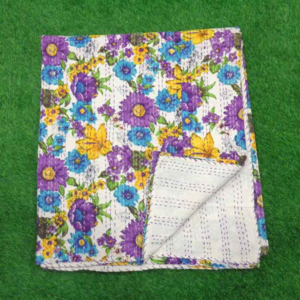 COTTON SCREEN PRINT ALL OVER FLORAL DESIGN KANTHA BED COVER FOR ALL-SEASON