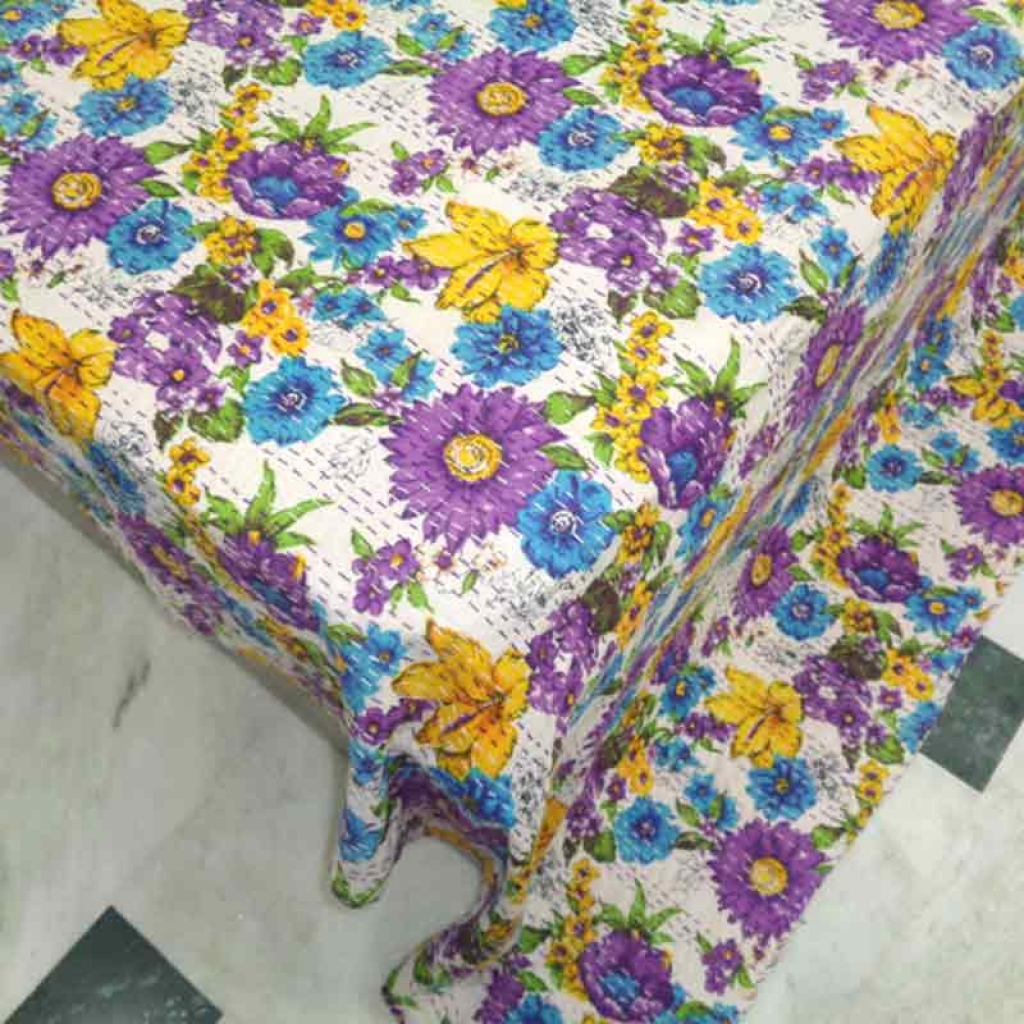 COTTON SCREEN PRINT ALL OVER FLORAL DESIGN KANTHA BED COVER FOR ALL-SEASON