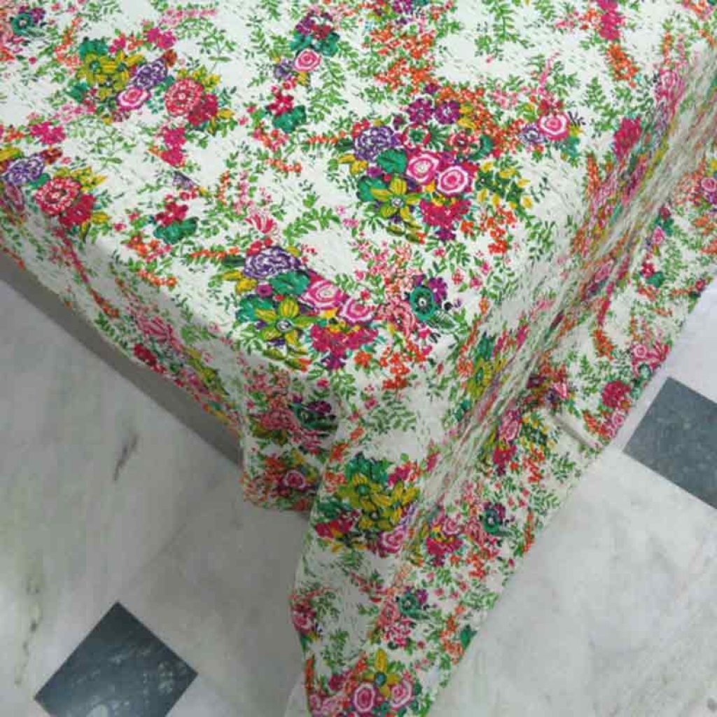 COTTON SCREEN PRINT ALL OVER FLORAL DESIGN KANTHA BED COVER FOR ALL-SEASON