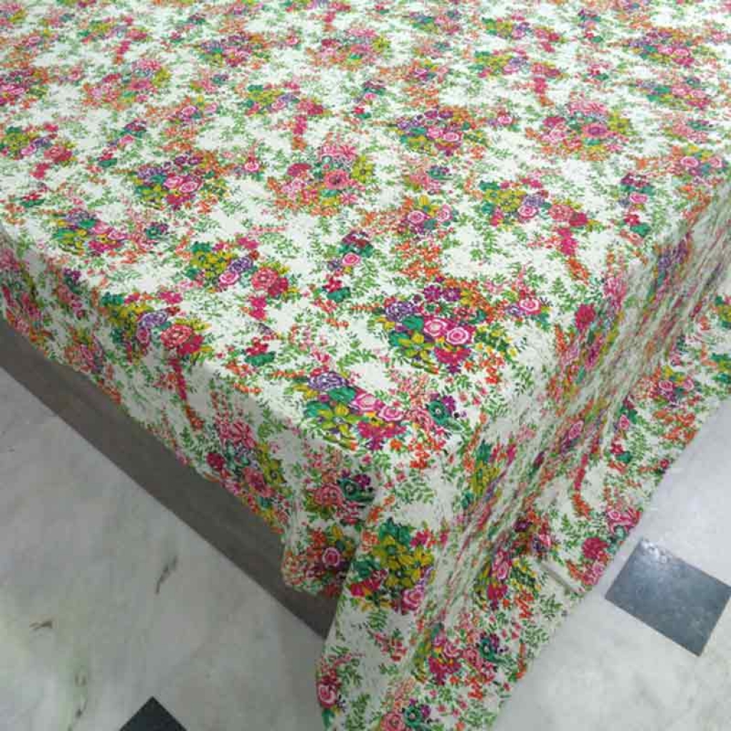 COTTON SCREEN PRINT ALL OVER FLORAL DESIGN KANTHA BED COVER FOR ALL-SEASON