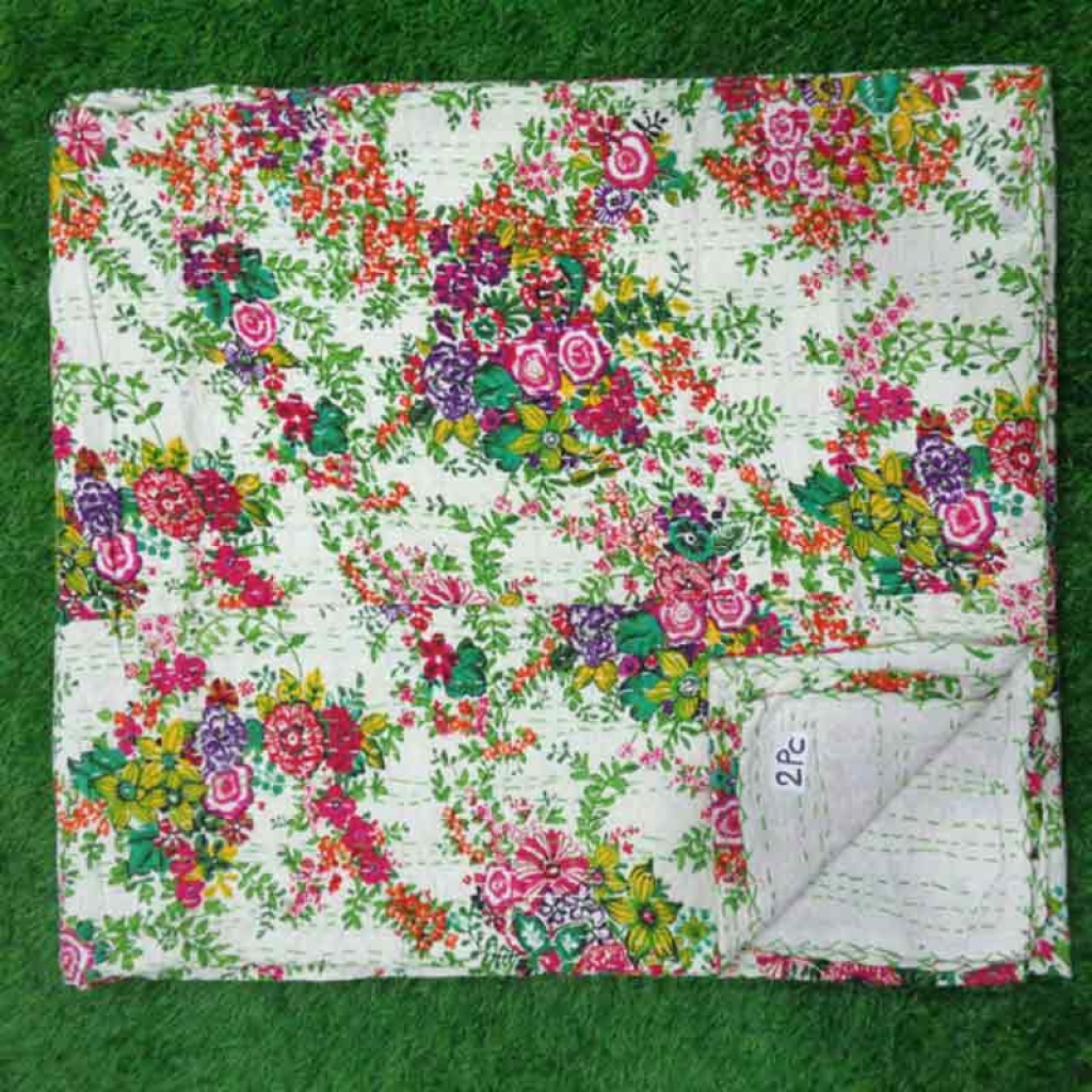 COTTON SCREEN PRINT ALL OVER FLORAL DESIGN KANTHA BED COVER FOR ALL-SEASON