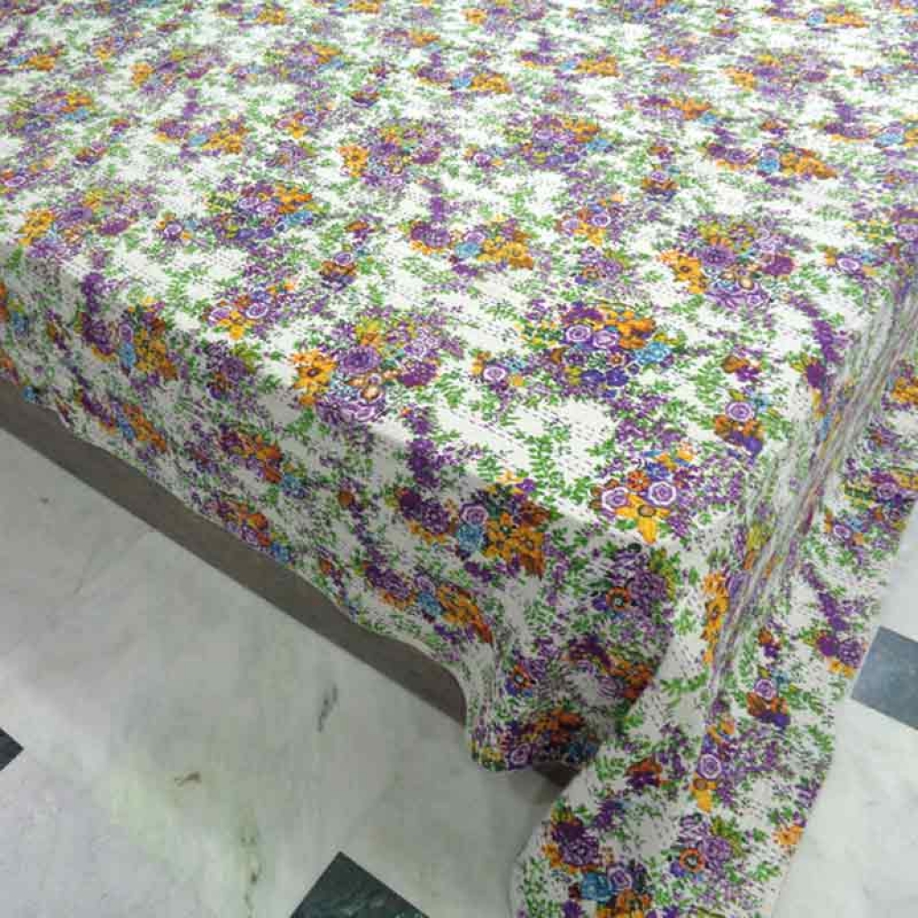 COTTON SCREEN PRINT ALL OVER FLORAL DESIGN KANTHA BED COVER FOR ALL-SEASON