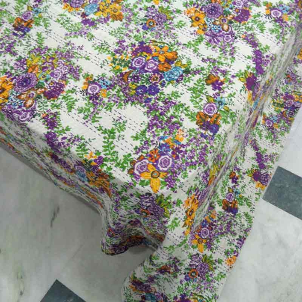 COTTON SCREEN PRINT ALL OVER FLORAL DESIGN KANTHA BED COVER FOR ALL-SEASON