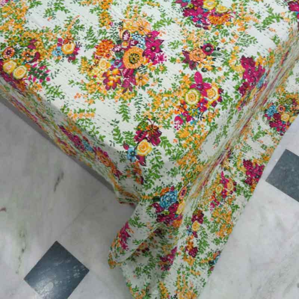 COTTON SCREEN PRINT ALL OVER FLORAL DESIGN KANTHA BED COVER FOR ALL-SEASON