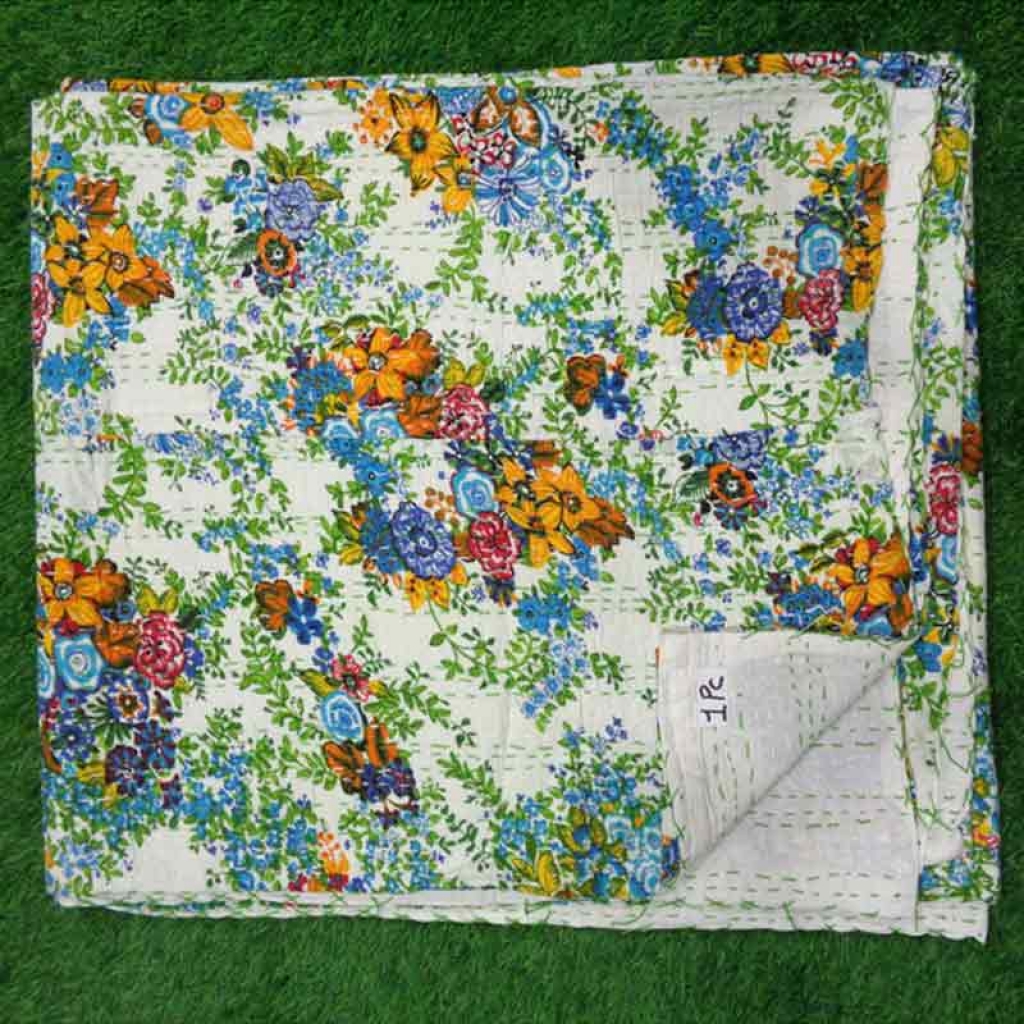 COTTON SCREEN PRINT ALL OVER FLORAL DESIGN KANTHA BED COVER FOR ALL-SEASON