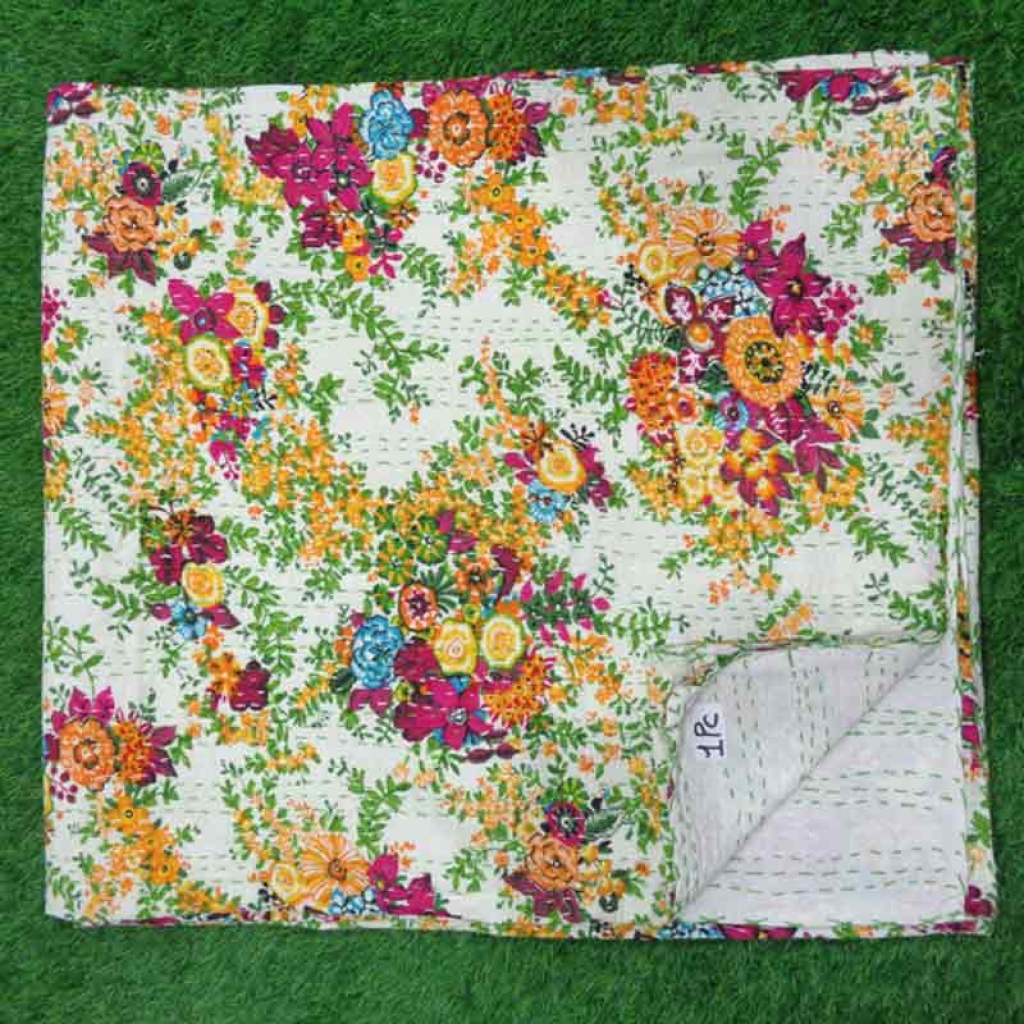 COTTON SCREEN PRINT ALL OVER FLORAL DESIGN KANTHA BED COVER FOR ALL-SEASON