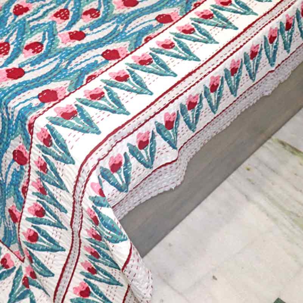 COTTON HAND BLOCK FULL PENAL KANTHA BED COVER FOR ALL-SEASON