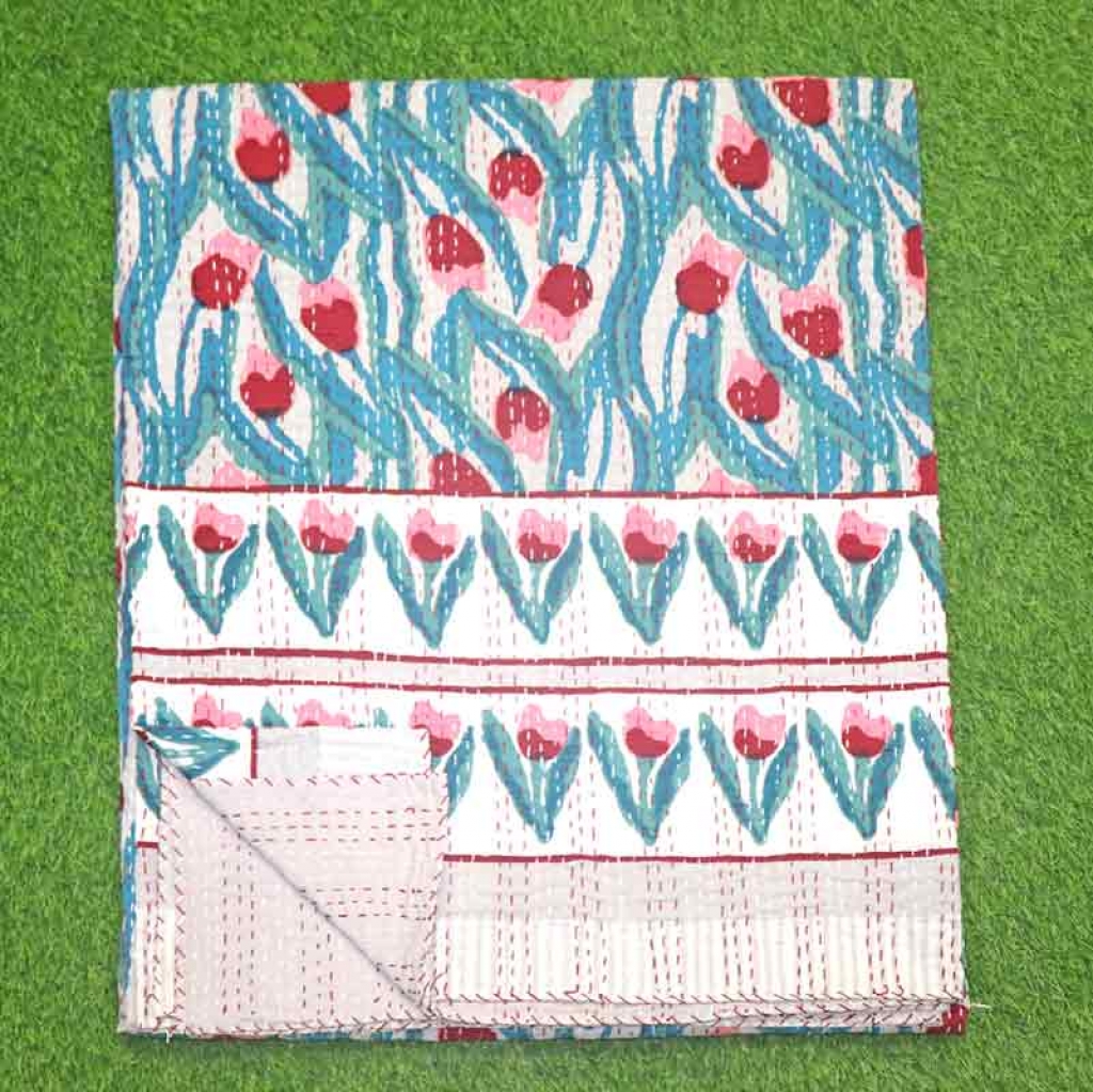 COTTON HAND BLOCK FULL PENAL KANTHA BED COVER FOR ALL-SEASON