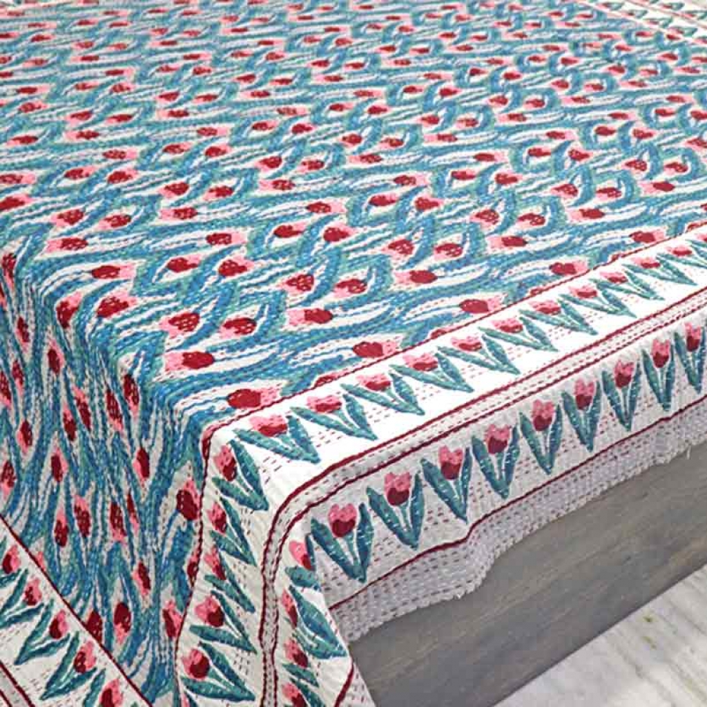 COTTON HAND BLOCK FULL PENAL KANTHA BED COVER FOR ALL-SEASON