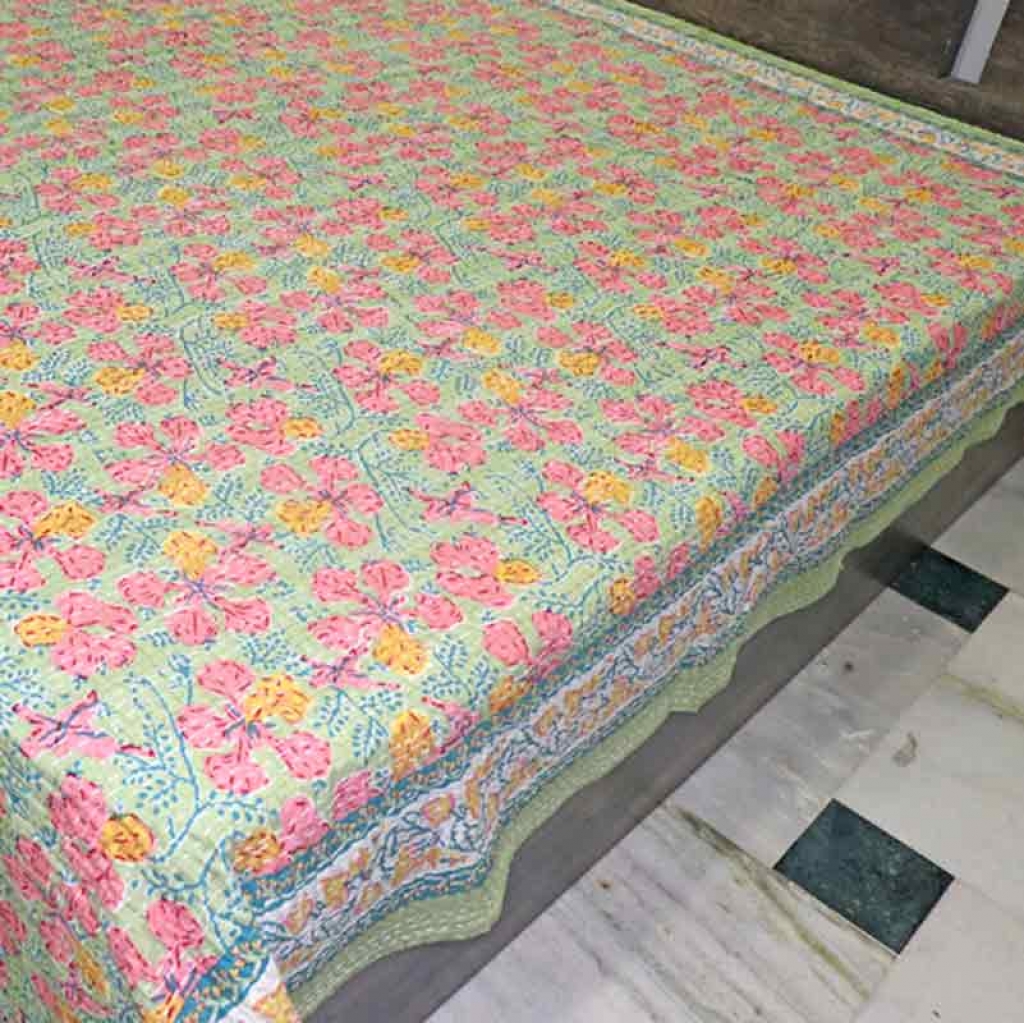 COTTON HAND BLOCK FULL PENAL KANTHA BED COVER FOR ALL-SEASON