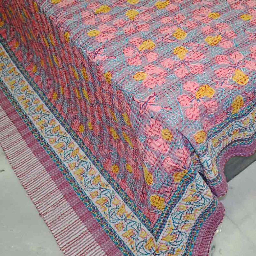 COTTON HAND BLOCK FULL PENAL KANTHA BED COVER FOR ALL-SEASON