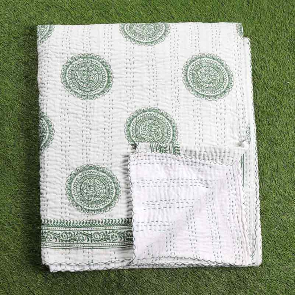 COTTON HAND BLOCK FULL PENAL KANTHA BED COVER FOR ALL-SEASON
