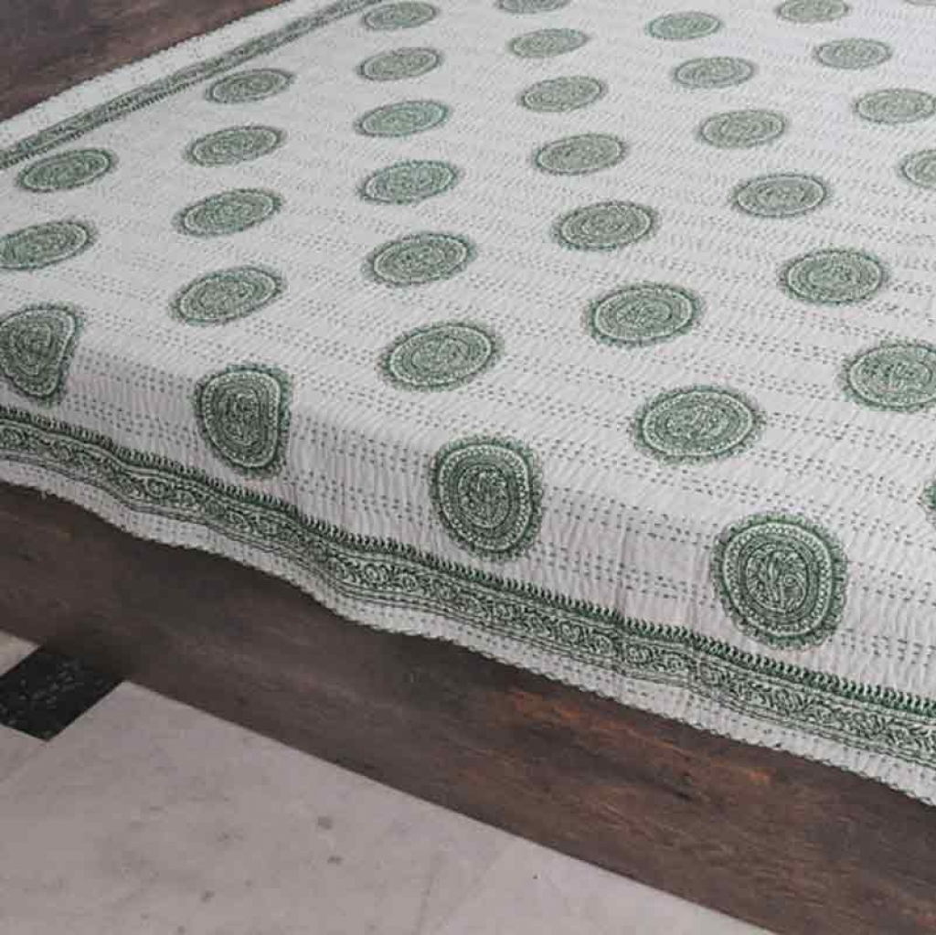 COTTON HAND BLOCK FULL PENAL KANTHA BED COVER FOR ALL-SEASON
