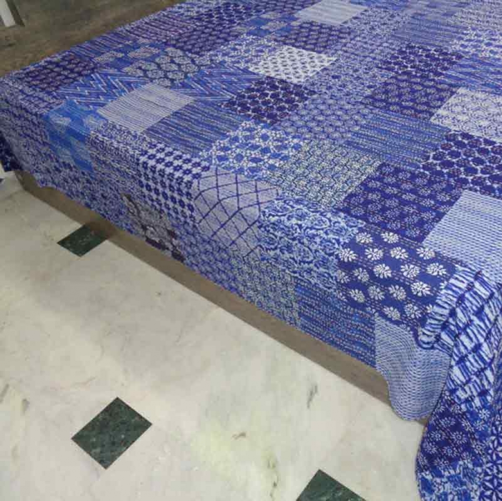 COTTON INDIGO PATCH PRINT KANTHA BED COVER FOR ALL-SEASON